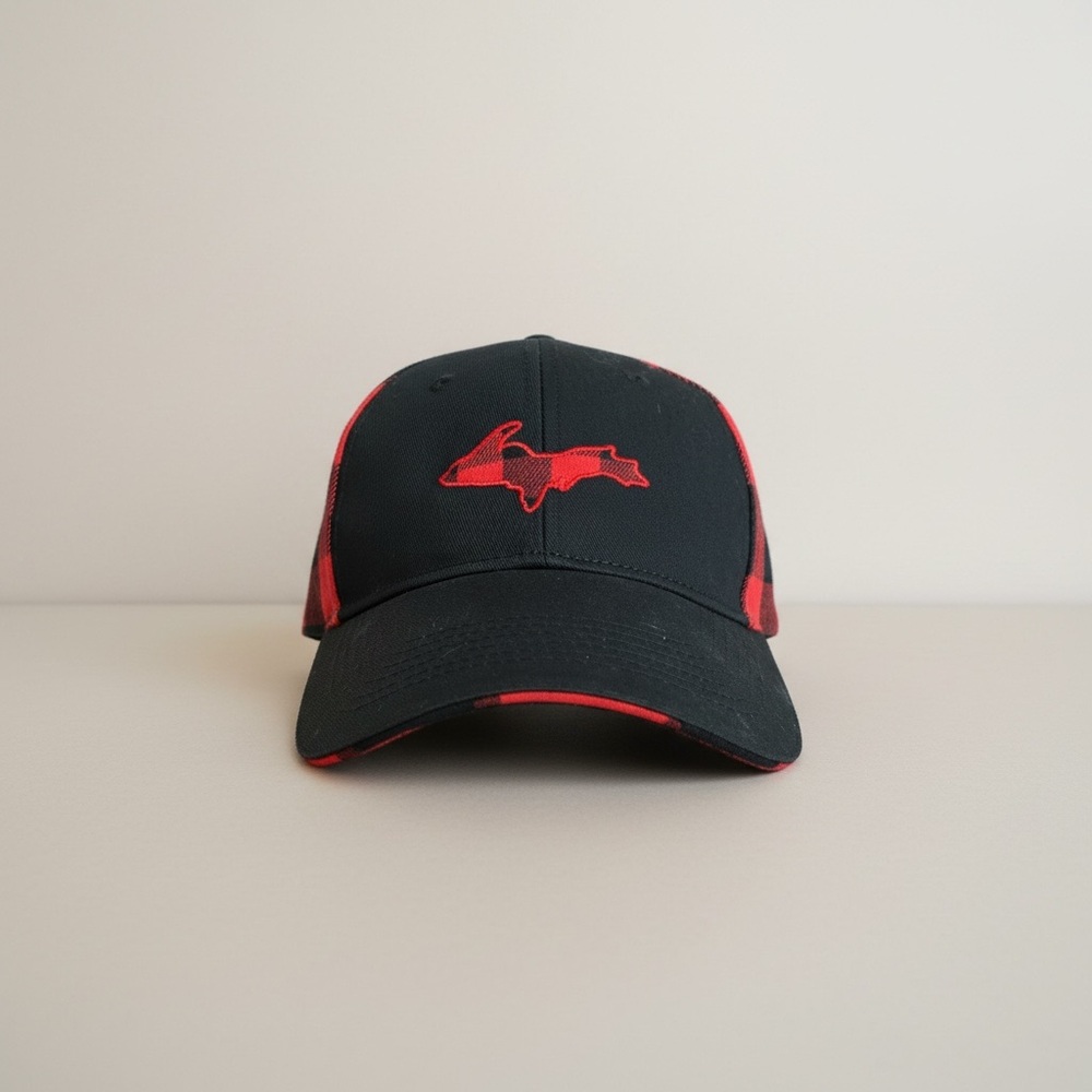 JACOBSON HAT Black Trucker Baseball Cap Michigan's UP silhouette buffalo plaid